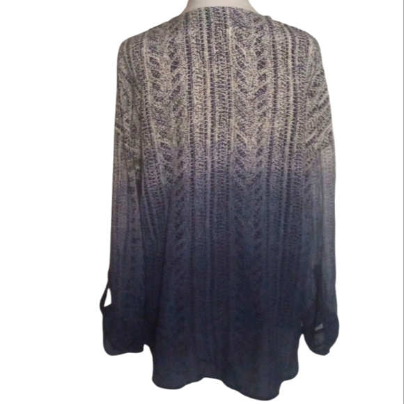 Language 100% Silk Blue Ombre Boho Printed Roll Tab Long Sleeve Blouse Medium - Picture 2 of 9